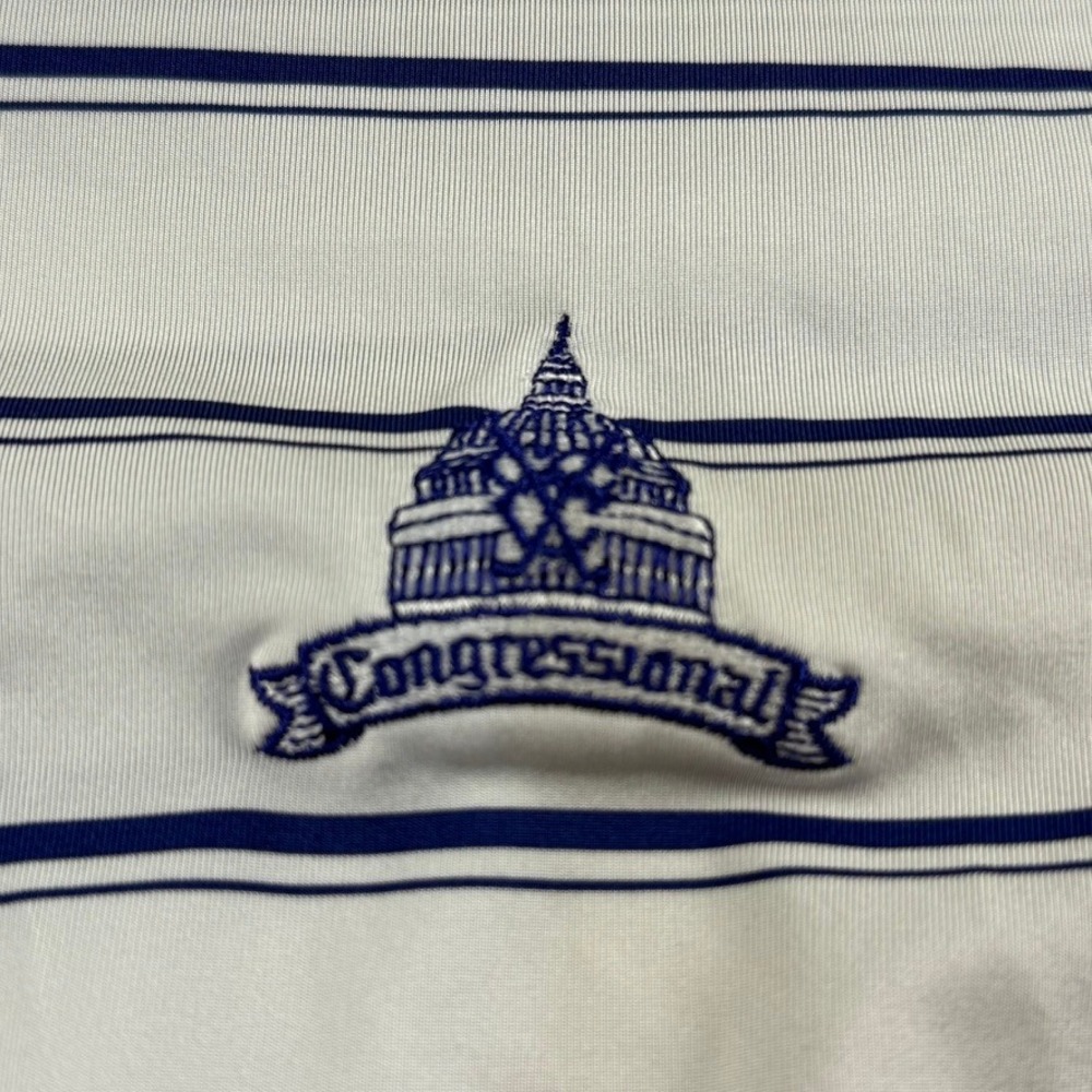 RLX Ralph Lauren Mens Large White Navy Striped Congressional Golf Polo Shirt